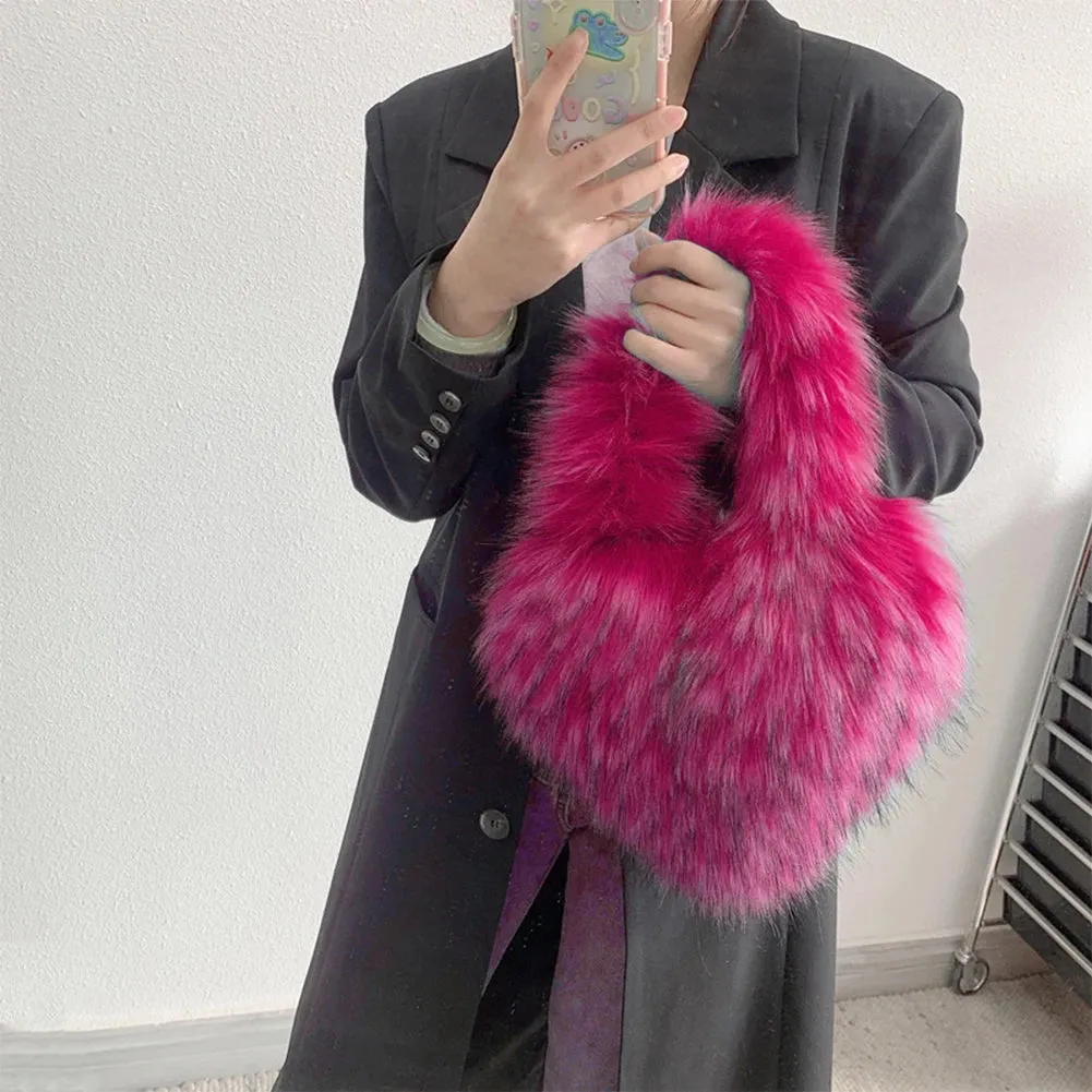 Sohiwoo Heart Shaped Faux Fur Shoulder Bag Fluffy Winter Women Handbags Cute Love Plush Crossbody Bags for Women Tote Lady Shopper