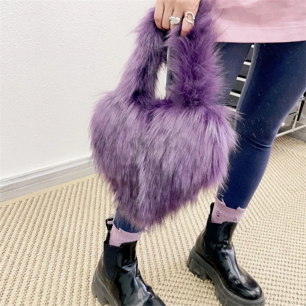 Sohiwoo Heart Shaped Faux Fur Shoulder Bag Fluffy Winter Women Handbags Cute Love Plush Crossbody Bags for Women Tote Lady Shopper