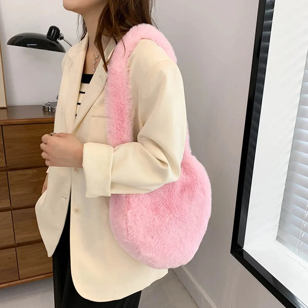 Sohiwoo Heart Shaped Faux Fur Shoulder Bag Fluffy Winter Women Handbags Cute Love Plush Crossbody Bags for Women Tote Lady Shopper