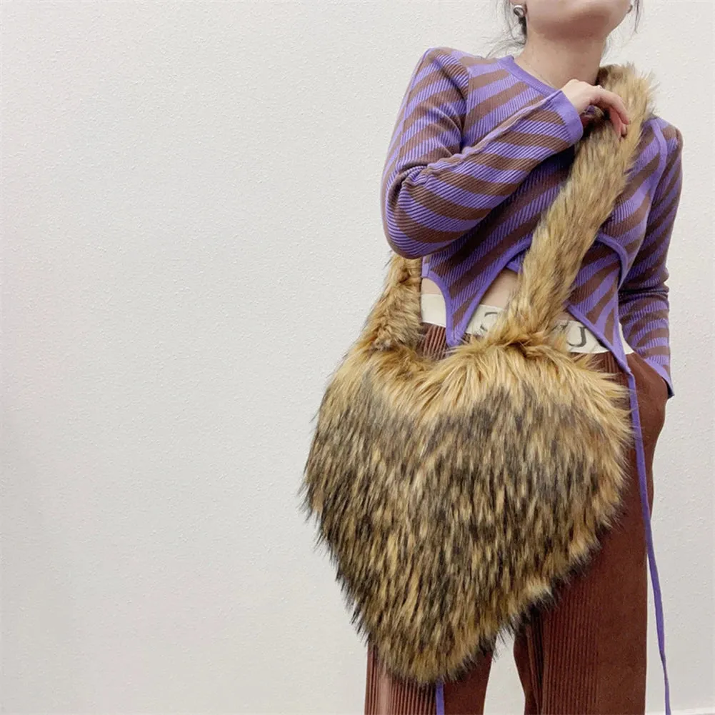 Sohiwoo Heart Shaped Faux Fur Shoulder Bag Fluffy Winter Women Handbags Cute Love Plush Crossbody Bags for Women Tote Lady Shopper