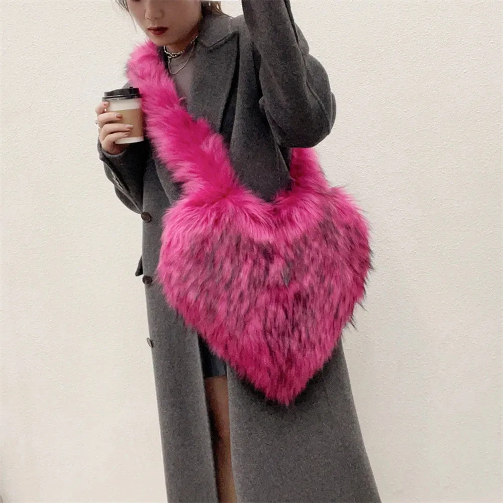 Sohiwoo Heart Shaped Faux Fur Shoulder Bag Fluffy Winter Women Handbags Cute Love Plush Crossbody Bags for Women Tote Lady Shopper