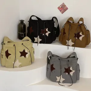 Sohiwoo Women Cute Messenger Bag Large Capacity Canvas Lovely Shoulder Bag Star Applique Y2K Street Style School Bag for Teens Students