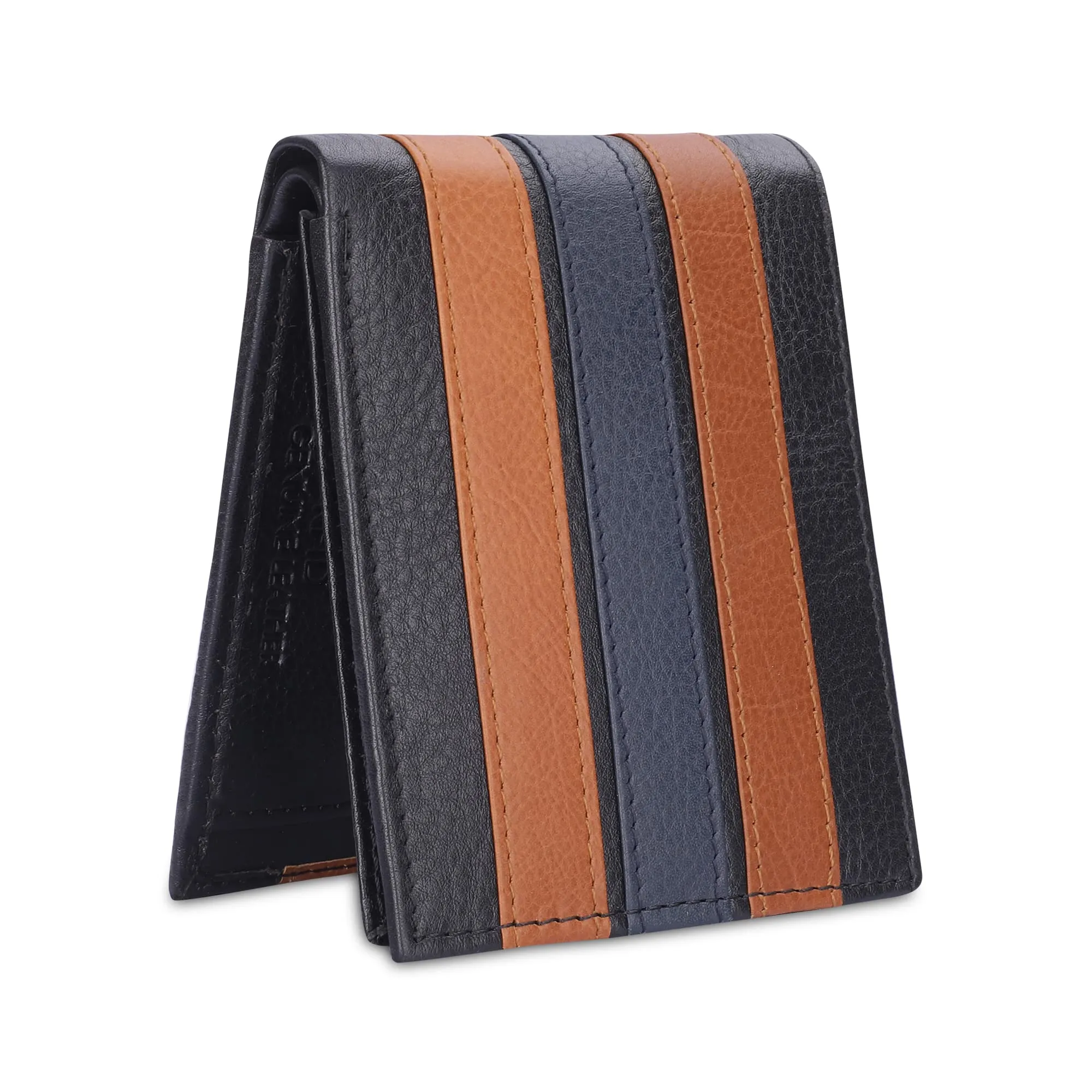 THE CLOWNFISH RFID Protected Genuine Leather Bi-Fold Wallet for Men with Multiple Card Slots & Coin Pocket (Black with Brown Stripes)