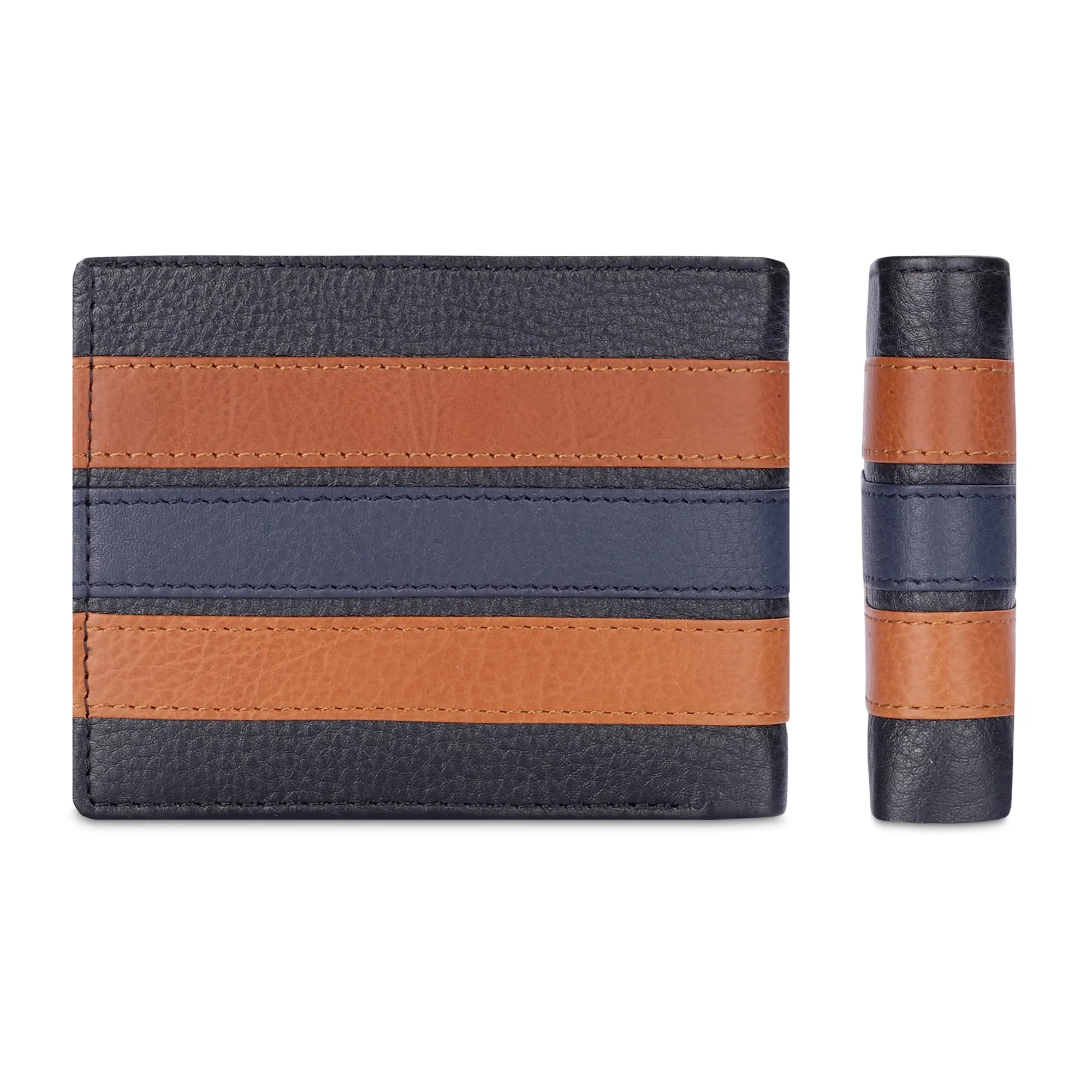 THE CLOWNFISH RFID Protected Genuine Leather Bi-Fold Wallet for Men with Multiple Card Slots & Coin Pocket (Black with Brown Stripes)