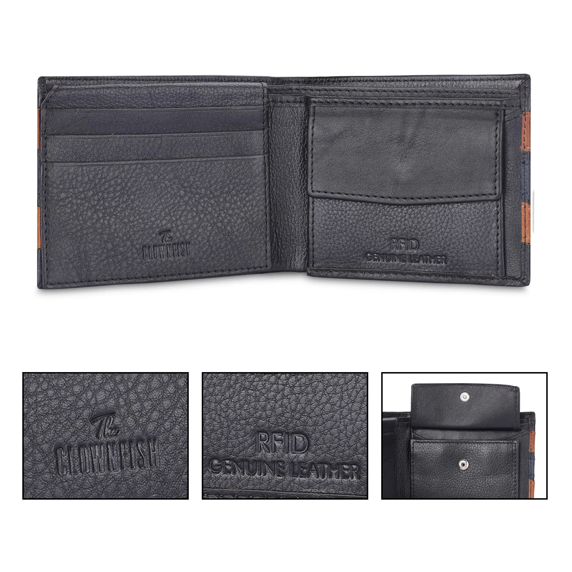 THE CLOWNFISH RFID Protected Genuine Leather Bi-Fold Wallet for Men with Multiple Card Slots & Coin Pocket (Black with Brown Stripes)