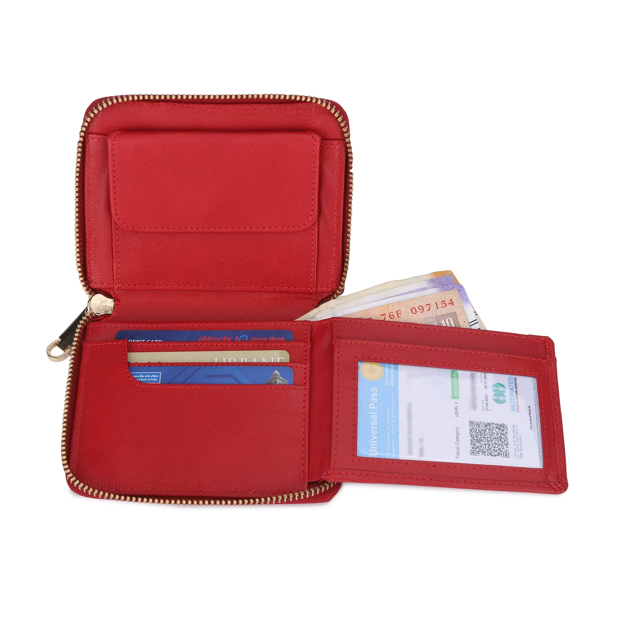 The Clownfish Zia Genuine Leather Bi-Fold Zip Around Wallet for Women with Multiple Card Slots & Coin Pocket (Red)