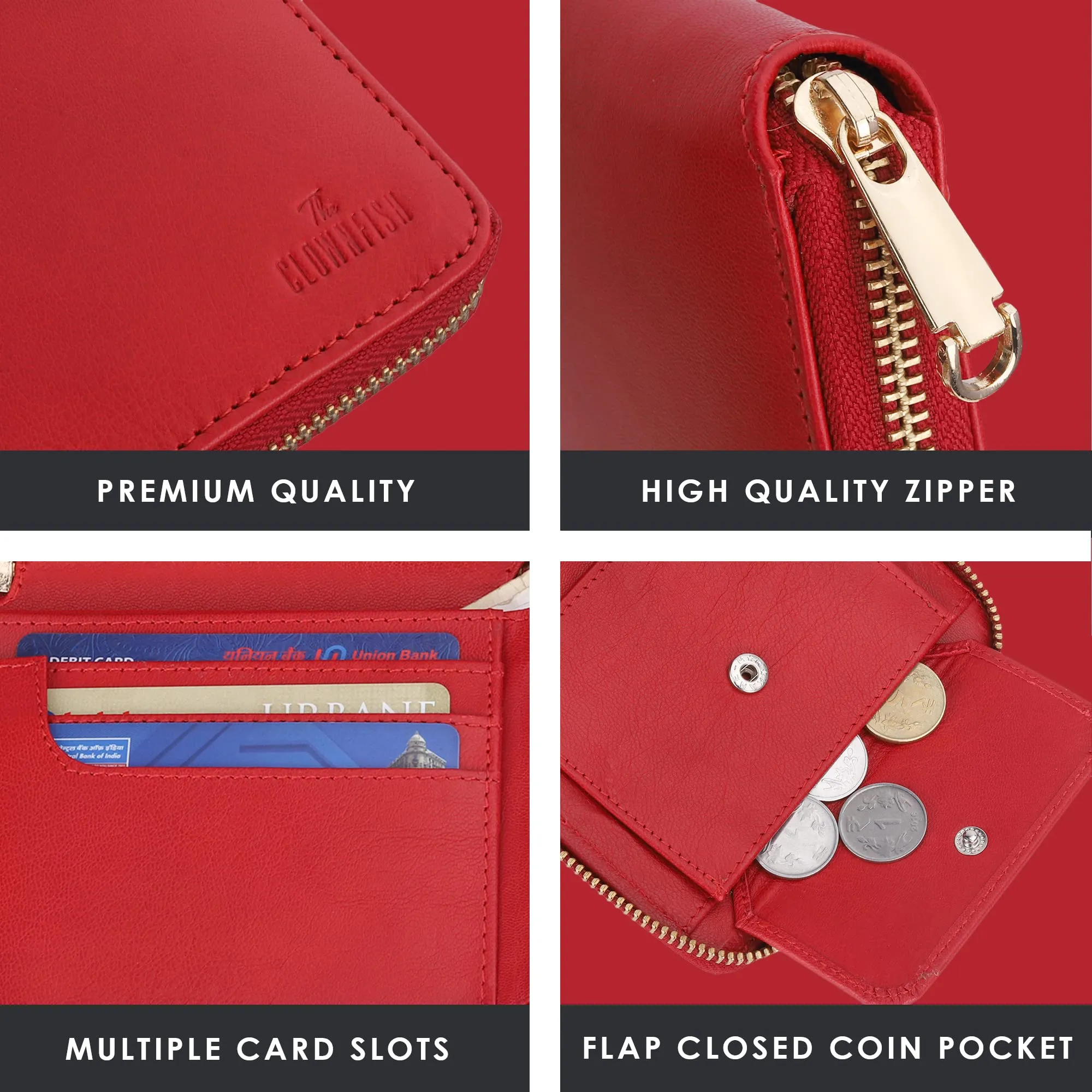 The Clownfish Zia Genuine Leather Bi-Fold Zip Around Wallet for Women with Multiple Card Slots & Coin Pocket (Red)