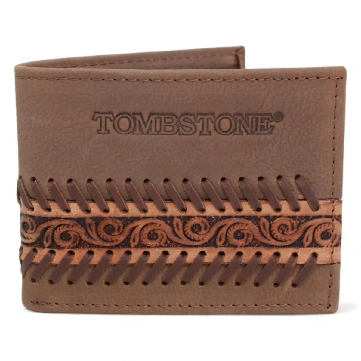 Tombstone Chiseled and Embroidered Genuine Leather Wallet Tan TOM-W234