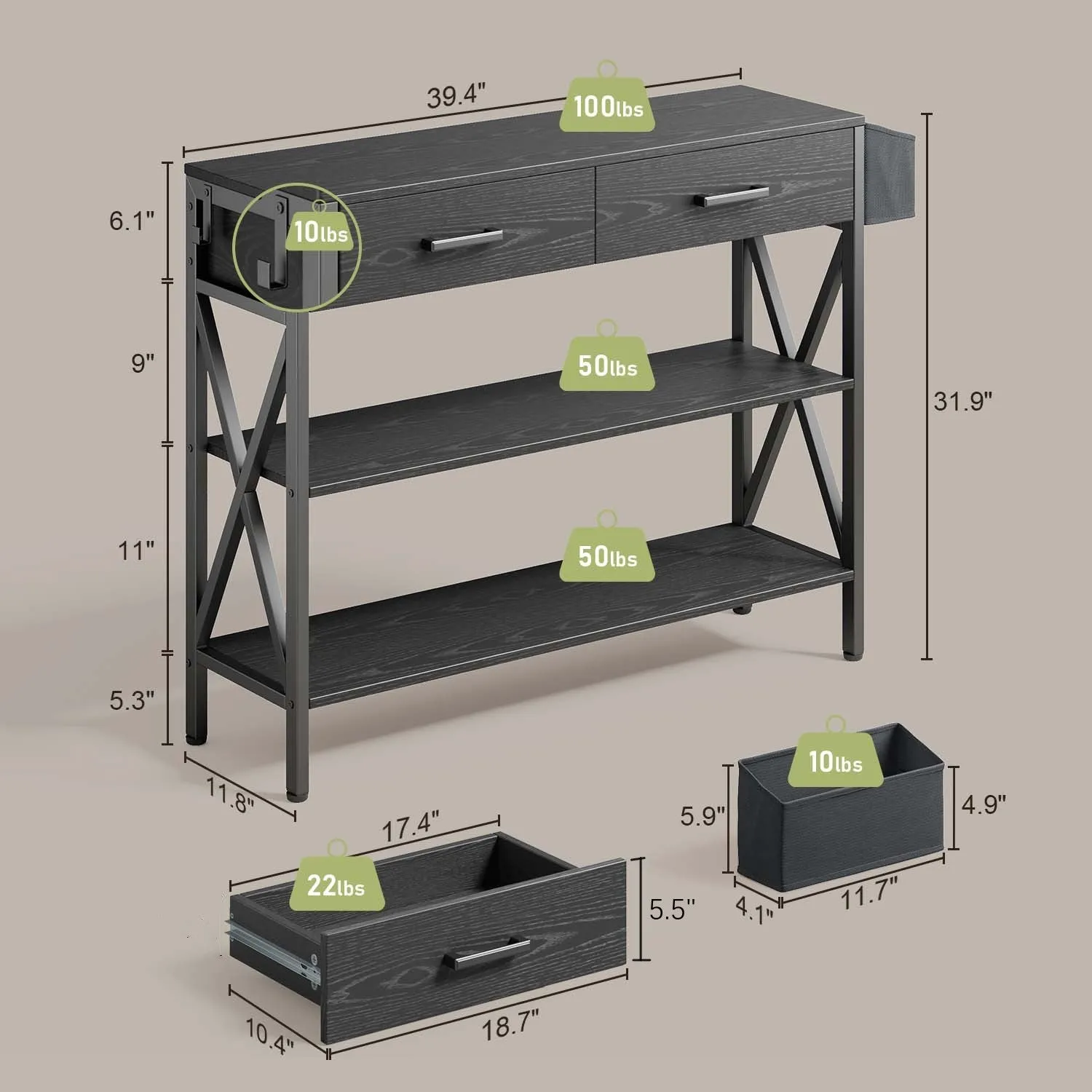 Victure FS31 Versatility Table with 3 Drawers & 3 Tier Storage Shelves