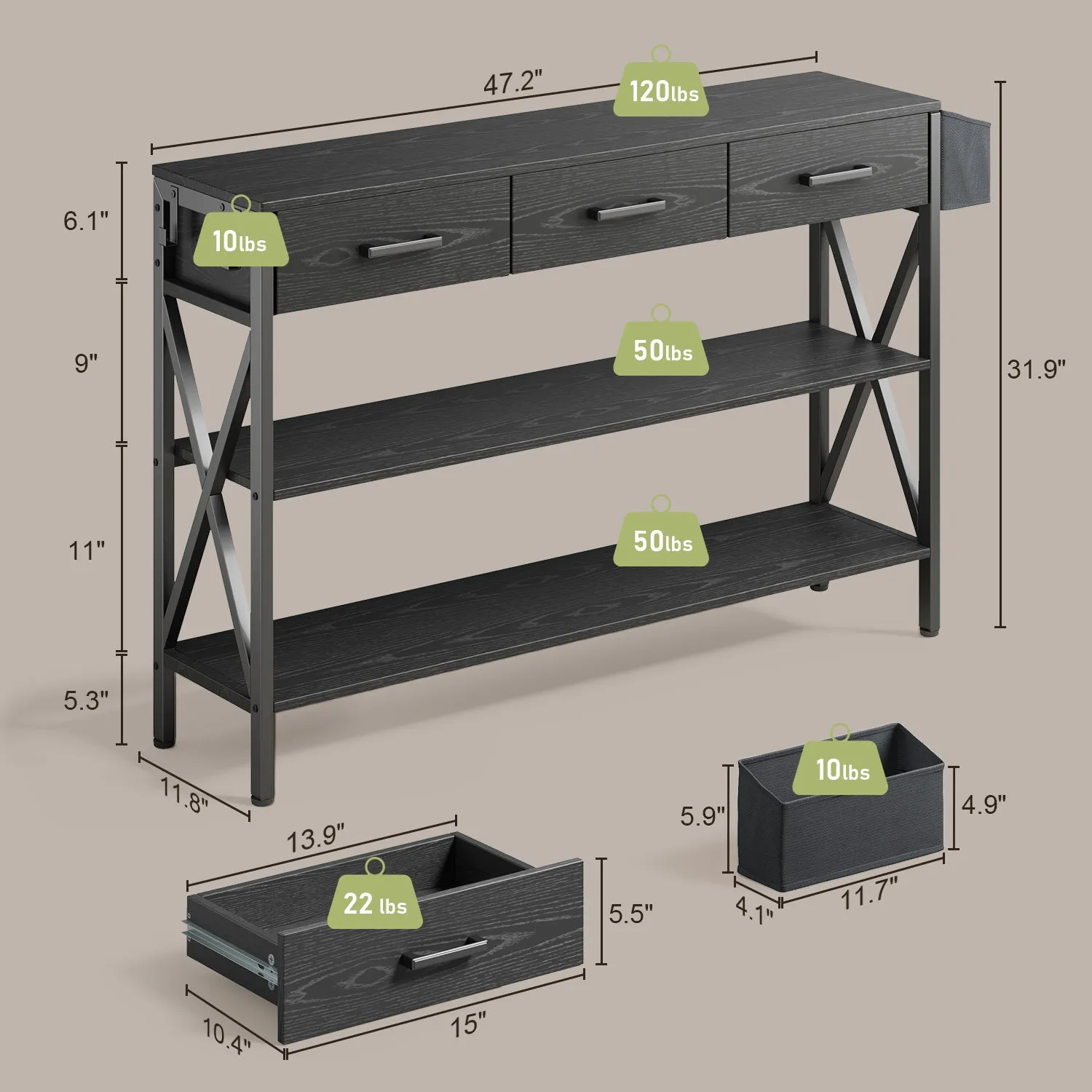 Victure FS31 Versatility Table with 3 Drawers & 3 Tier Storage Shelves