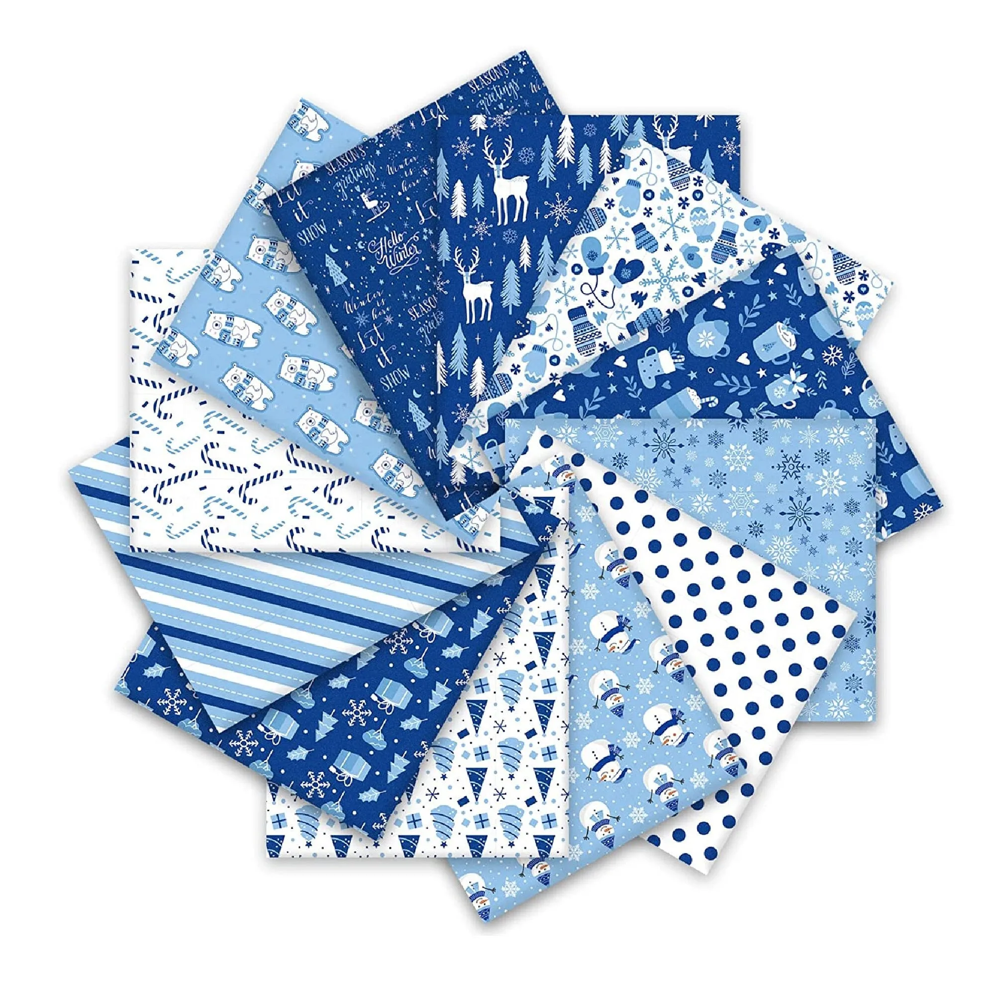 Whaline 12 Piece Christmas Cotton Fabric 18" x 22" | Blue | White | Winter Snowflake | Quarter Packets For Crafts