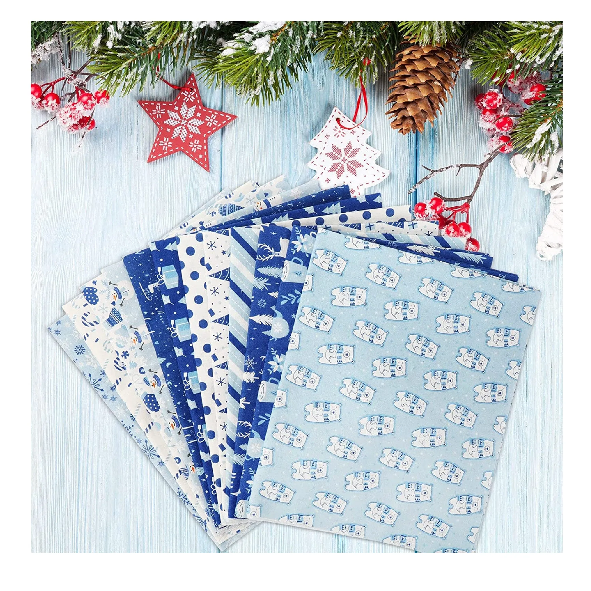 Whaline 12 Piece Christmas Cotton Fabric 18" x 22" | Blue | White | Winter Snowflake | Quarter Packets For Crafts