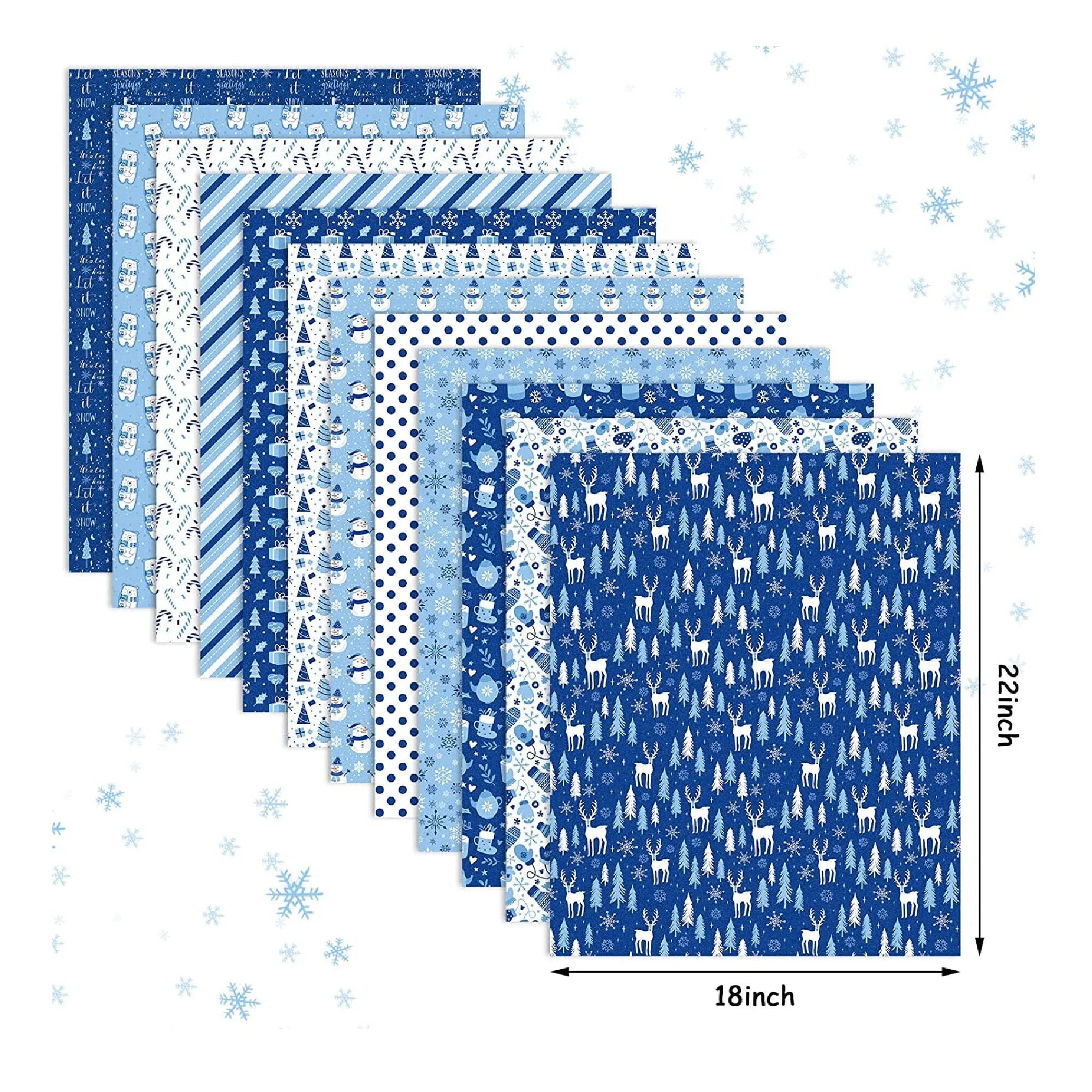 Whaline 12 Piece Christmas Cotton Fabric 18" x 22" | Blue | White | Winter Snowflake | Quarter Packets For Crafts