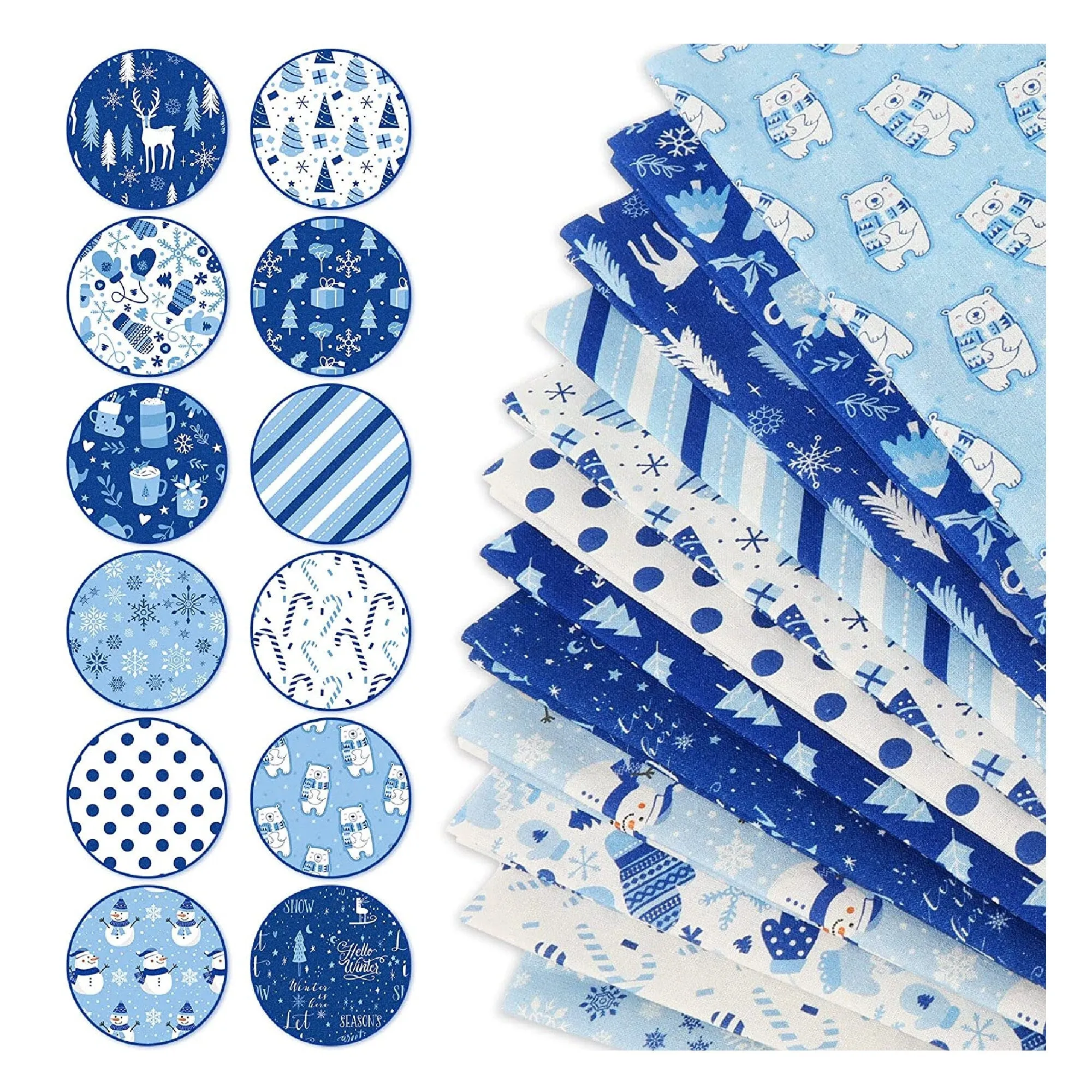 Whaline 12 Piece Christmas Cotton Fabric 18" x 22" | Blue | White | Winter Snowflake | Quarter Packets For Crafts