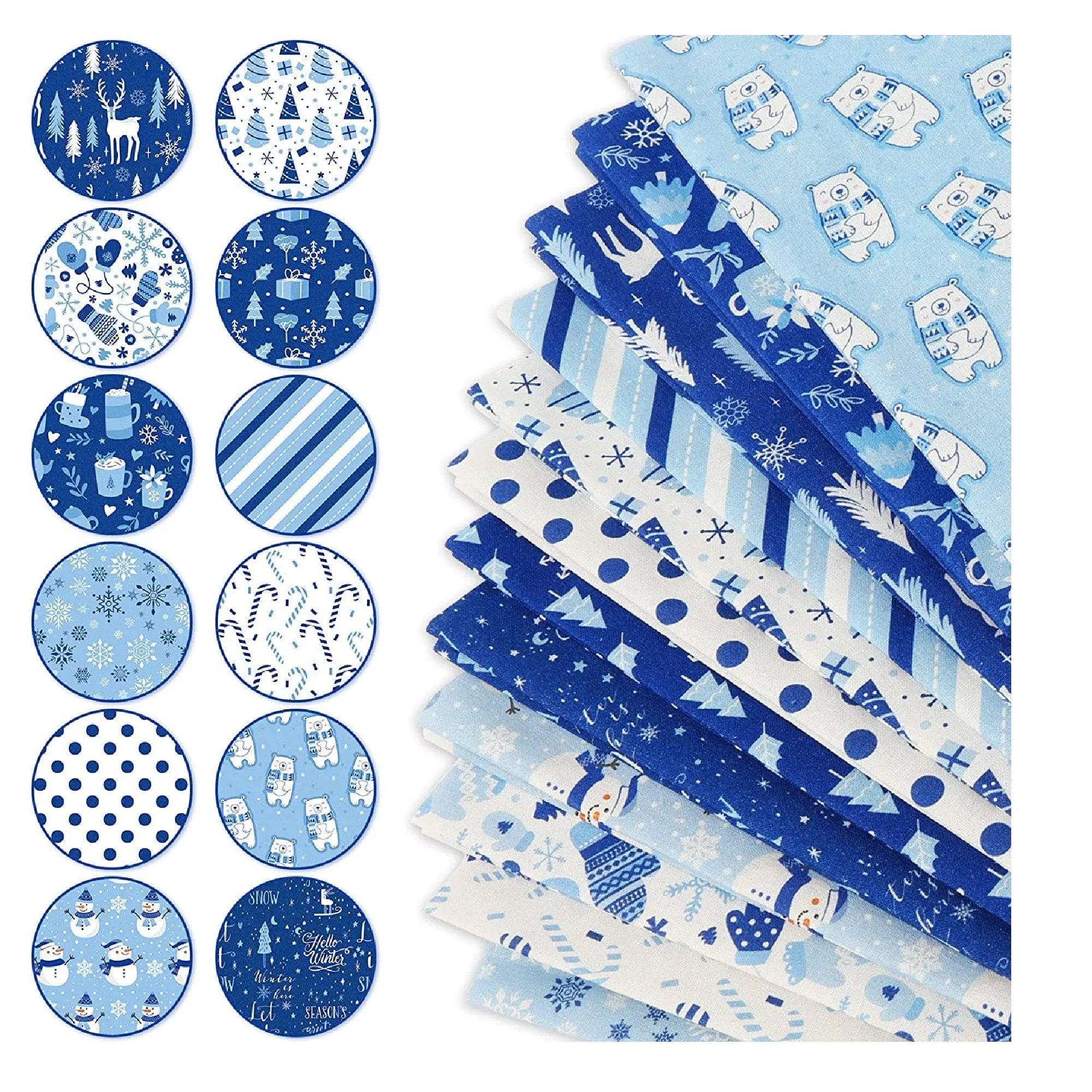 Whaline 12 Piece Christmas Cotton Fabric 18" x 22" | Blue | White | Winter Snowflake | Quarter Packets For Crafts