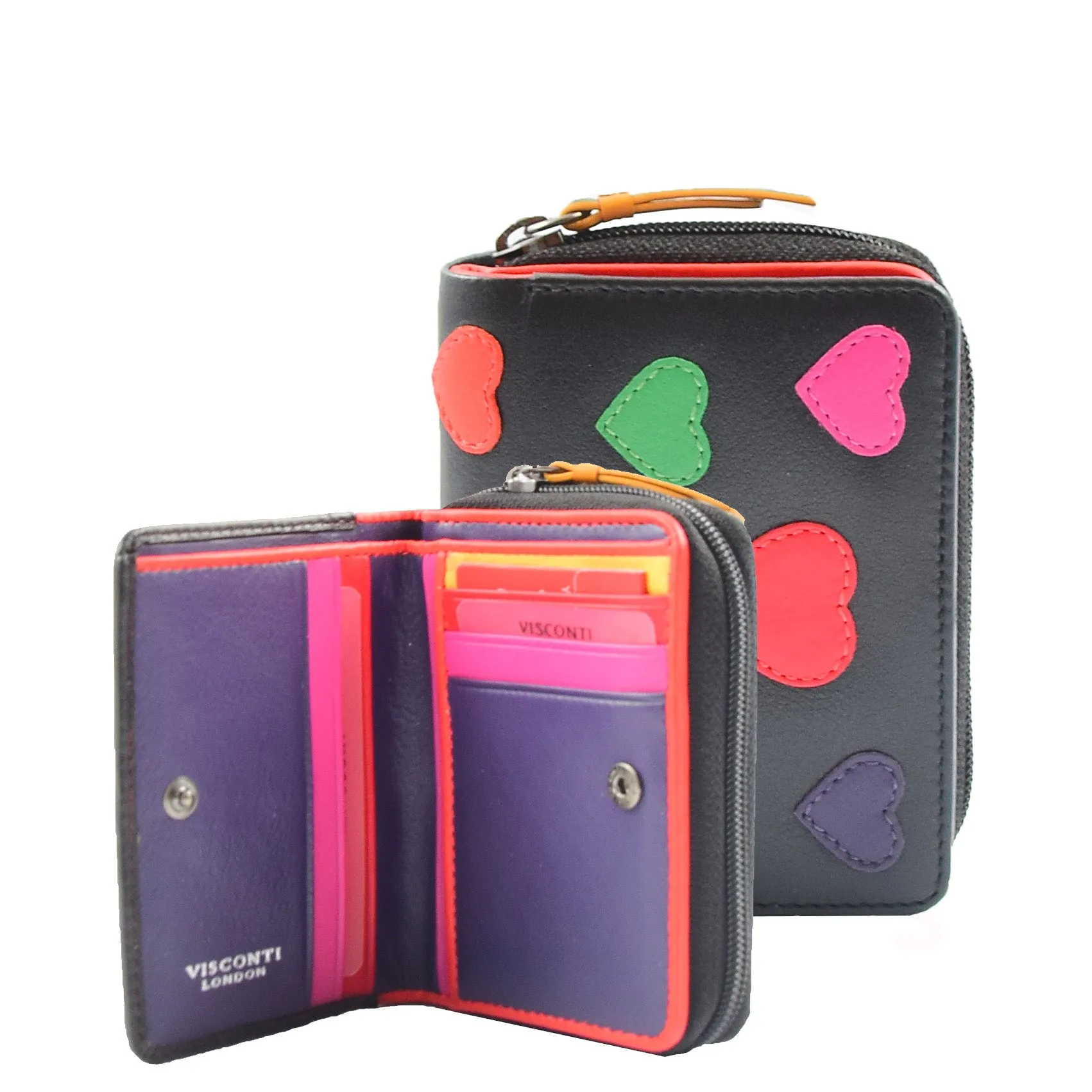 Womens Real Leather Purse Multi Coloured Hearts Small Clutch Wallet Gift Boxed Love